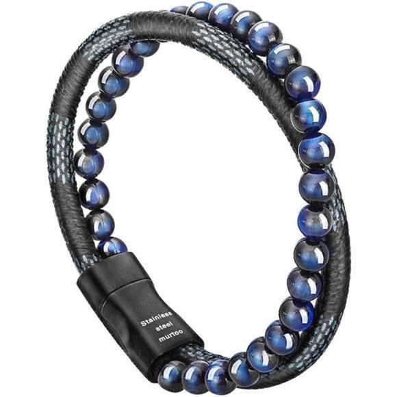 Mens Bead Leather Bracelet Natural Bead Steel + Leather Bracelet Christmas Gift - Picture 1 of 7